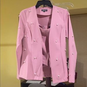 New pink blazer short outfit with pearls